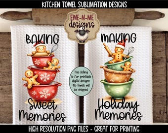 Diseños de sublimación de toallas de cocina con cuencos para mezclar pan de jengibre / Archivos PNG para repostería navideña / Descarga digital de decoración de cocina navideña