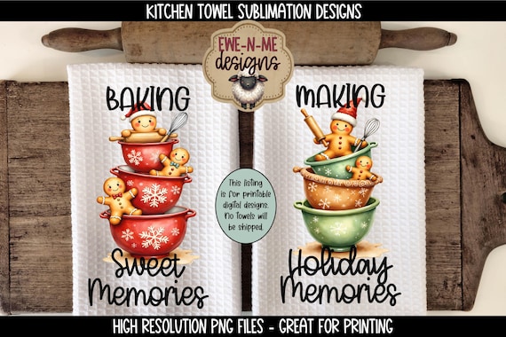 Gingerbread Mixing Bowls Kitchen Towel Sublimation Designs | Christmas Baking PNG Files | Holiday Kitchen Decor Digital Download