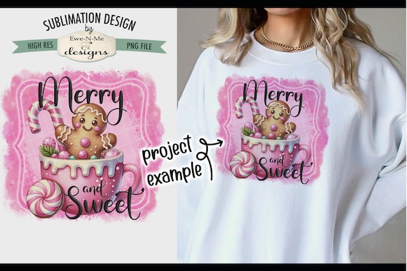 Merry & Sweet Cocoa Sublimation Design | Gingerbread in Cocoa Cup PNG | Pink Mug with Gingerbread Printable PNG