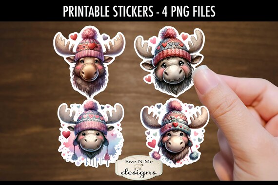 Moose In Valentine Winter Hats Printable Stickers | 4 Moose Heart PNG Stickers | Print and Cut Moose Stickers | Valentine Moose Stickers
