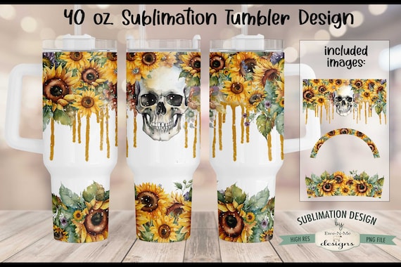 40 oz Watercolor Sublimation Tumbler Design | Sunflower Skull Drip Design 40 oz. Tumbler Wrap