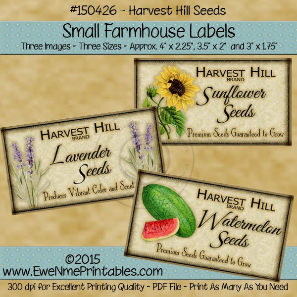 Primitive Seeds Farmhouse Label Printables -  Lavender Seeds, Sunflower Seeds, Watermelon Seeds - Harvest Hill Seeds - PDF or JPG File