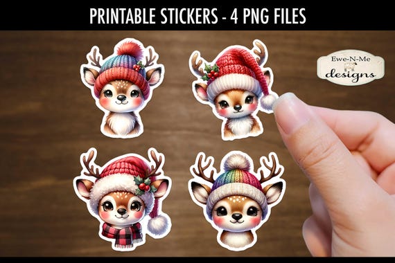 Cute Christmas Reindeer In Hats Printable Stickers | 4 PNG Stickers | Cute Reindeer with Big Eyes | Reindeer in Hats Printable Stickers
