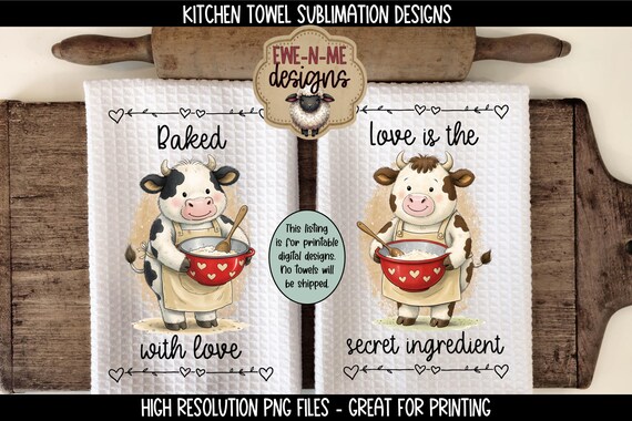 Valentine Cows Towel Sublimation Design - Baked with Love - Love Is Secret Ingredient - Cows Baking - Digital Download PNG Files