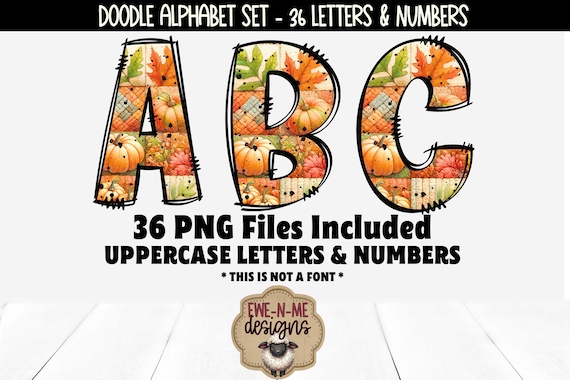 Fall Patchwork Doodle Alphabet & Numbers | 36 PNG Files | Individual Letters and Numbers in PNG format