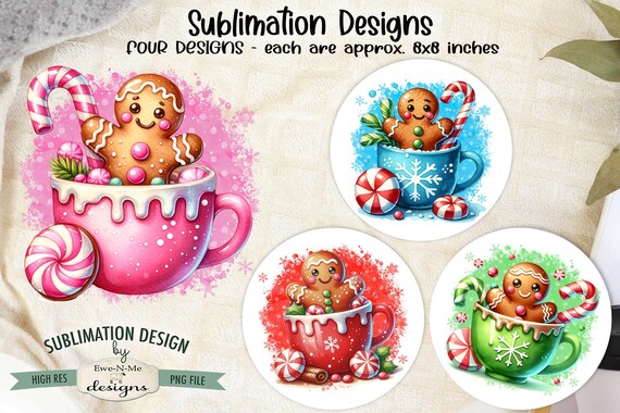 Gingerbread in Mugs Designs - Gingerbread in Colorful Cocoa Mug Designs - Winter Gingerbread - Four PNG Designs for Christmas