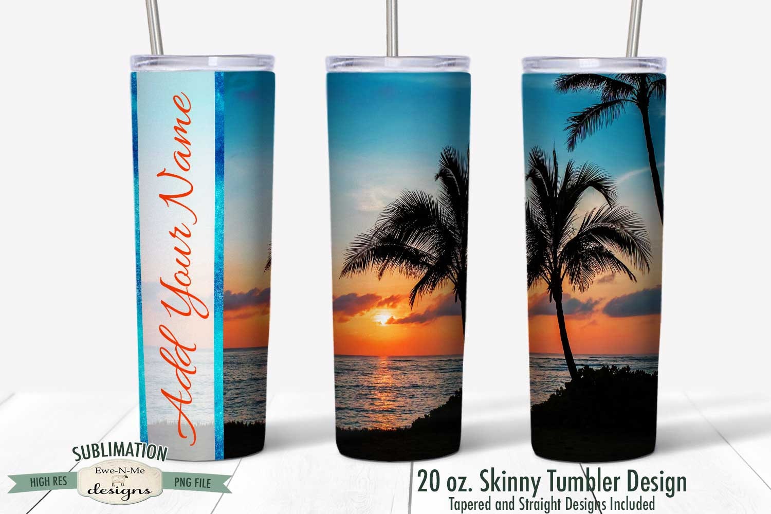 20oz Skinny Tumbler Sublimation Design, Sunset Beach Glitter Tumbler By  99TumblerDesigns