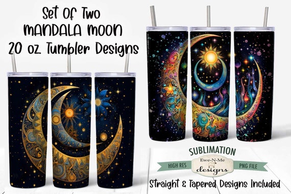 Mandala Moon Sublimation Design Set of Two  | Moon Stars Sublimation Design for  20 oz. Tumbler Straight and Tapered