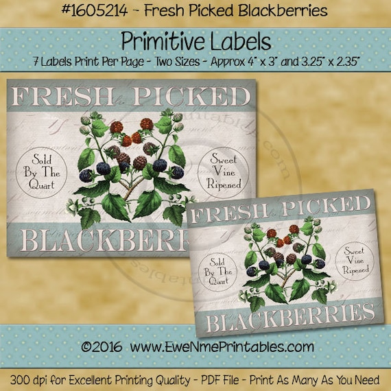 Farmhouse Style Kitchen Decor Primitive Labels -  Printable Rustic Label - Fresh Picked Blackberry - Primitive Country - PDF - JPG File