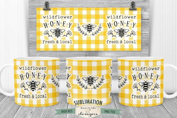 Honey Bee Sublimation Mug Design - Wildflower Honey - Printable 11 oz. and 15 oz. Mug Sublimation Wrap PNG