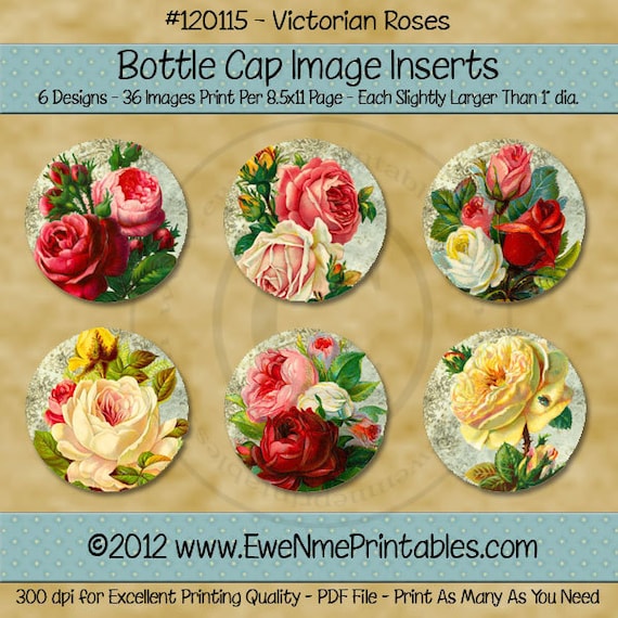 Printable Victorian Rose 1 Inch Bottle Cap Images - Shabby Cottage Roses - Digital PDF and/or JPG File