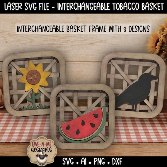 Interchangeable Tobacco Basket Frame with 3 Slide-In Designs - Crow Watermelon Sunflower -  Summer Shelf Sitter Laser Cut File