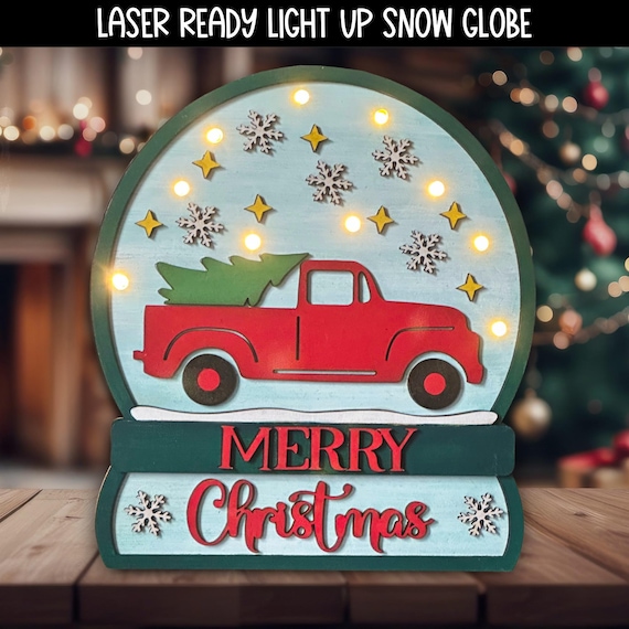 Laser Ready Light Up  Snow Globe SVG  • Red Truck with Christmas Tree Laser Ready File • Merry Christmas Digital Download