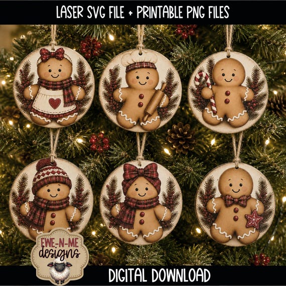 Gingerbread Ornament SVG Bundle - Printable Gingerbread PNG Files - Christmas Sticker Files - Primitive Christmas Ornaments - Digital Files