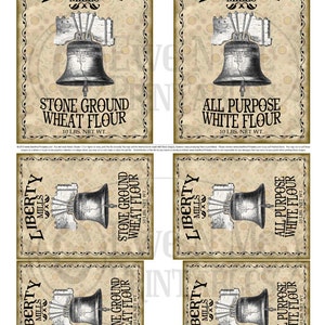 May include: Four vintage-style labels for flour, featuring a Liberty Bell graphic and the text "Liberty Mills". The labels are in a distressed, aged style with a beige background and floral pattern. The text on the labels reads "Stone Ground Wheat Flour" and "All Purpose White Flour", with a weight of 10 lbs. net.