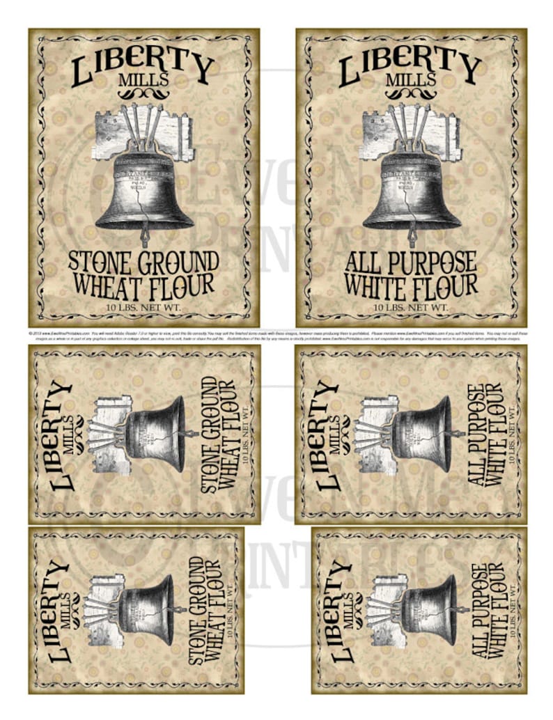 May include: Four vintage-style labels for flour, featuring a Liberty Bell graphic and the text "Liberty Mills". The labels are in a distressed, aged style with a beige background and floral pattern. The text on the labels reads "Stone Ground Wheat Flour" and "All Purpose White Flour", with a weight of 10 lbs. net.