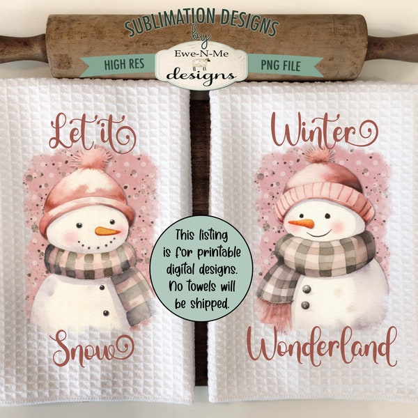 Pink Snowman Kitchen Towel Sublimation Designs -  Let It Snow and Winter Wonderland Snowman Towel Designs - Winter Kitchen Towel PNG Designs