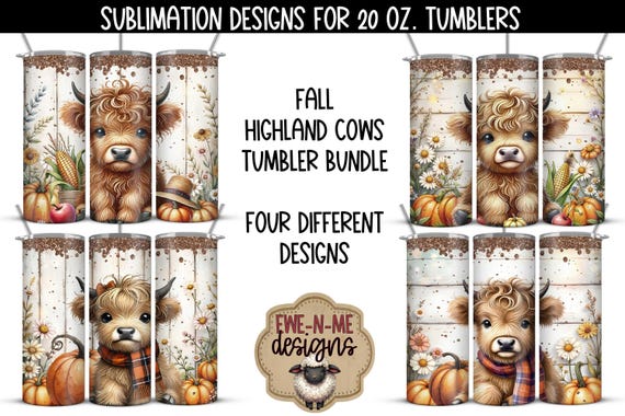 Highland Cow Fall Tumbler Wrap Bundle – 4 PNG Files – Pumpkin & Daisy Cow Sublimation Designs – Rustic Barnwood – 20oz Skinny Tumbler Wraps
