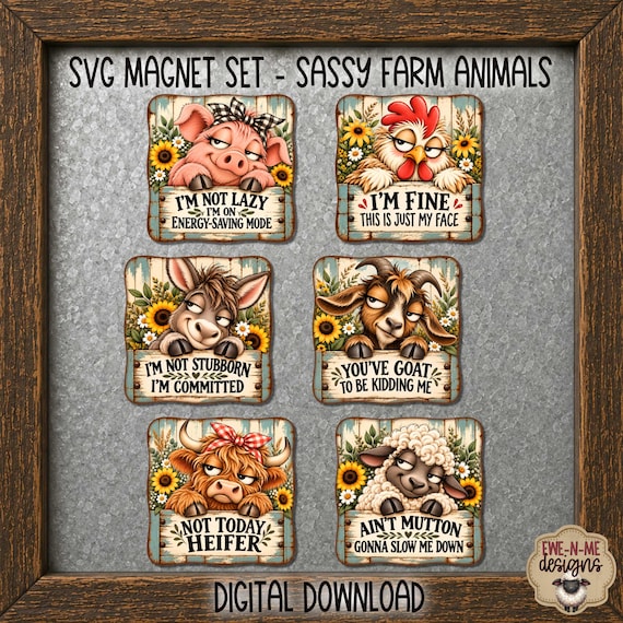 Sassy Farm Animals Magnet & Sticker Bundle - Laser Ready SVG Backers + Printable PNG Designs