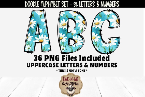 Blue Daisy Doodle Alphabet & Numbers | 36 PNG Files | Individual Letters and Numbers in PNG format | White Daisy Blue Letters and Numbers