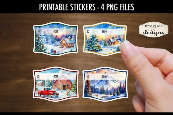 Winter Scene Gift Tag Stickers | 4 Winter Scene PNG Stickers | Print and Cut Christmas Gift Tag Stickers