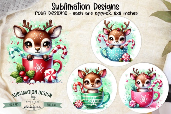 Cute Reindeer in Mugs Designs - Reindeer in Colorful Cocoa Mug Designs - Winter Reindeer - Four PNG Designs for Christmas