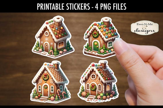 Gingerbread House Printable Stickers | 4 Gingerbread PNG Stickers | Print and Cut Gingerbread House Stickers | Christmas Stickers