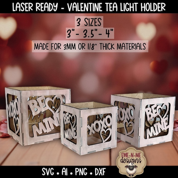 Valentine Tea Light Holder Laser Files | 3 Sizes | Be Mine and XOXO Lantern SVG for Laser Cutting | Flameless Candle Box Digital Download