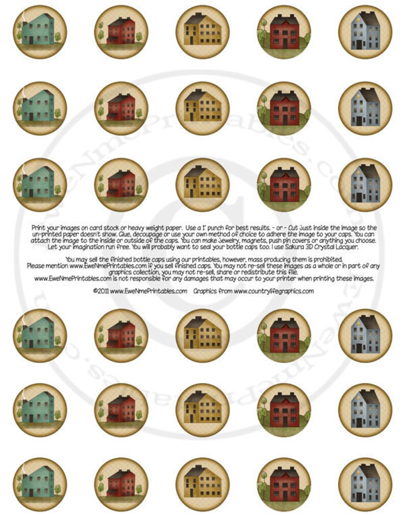 Primitive Saltbox Style House Bottle Cap Image Printables 1 | Etsy