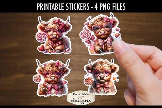 Valentine Highland Cow Printable Stickers | 4 Highland Heart Glasses PNG Stickers | Print and Cut Cow Stickers | Valentine Highland Stickers