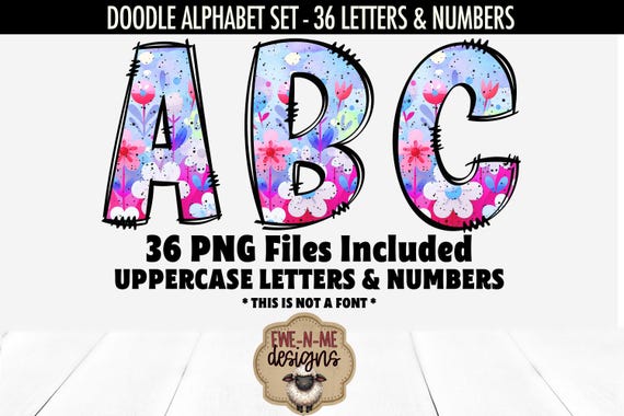 Cute Floral Doodle Alphabet & Numbers | 36 PNG Files | Individual Letters and Numbers in PNG format | Fuchsia and Blue Letters and Numbers