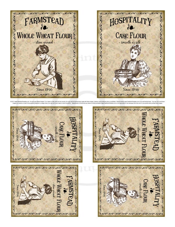 Kitchen Farmhouse Label Printables - Hospitality Cake Flour, Farmstead Whole Wheat Flour - Sepia Tone Images -  PDF or JPG File