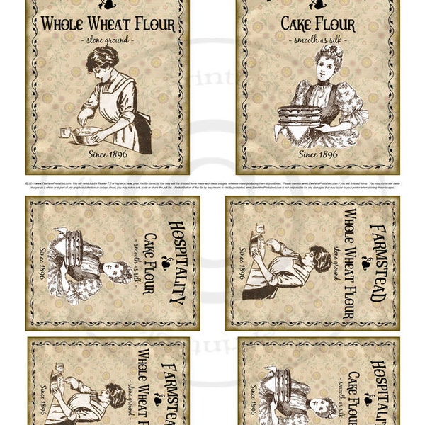Kitchen Farmhouse Label Printables - Hospitality Cake Flour, Farmstead Whole Wheat Flour - Sepia Tone Images -  PDF or JPG File