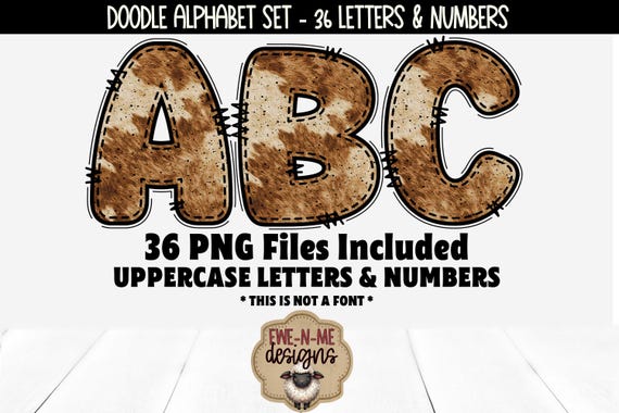 Brown Cow Print Doodle Alphabet & Numbers | 36 PNG Files | Individual Letters and Numbers in PNG format | Brown Cowhide Letters and Numbers