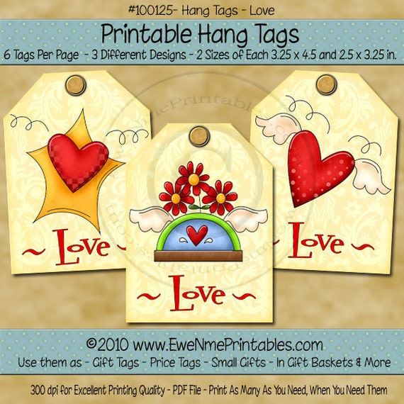 Love Heart Printable Hang Tags wirh Angel Wings, Flowers and Stars - Pale Yellow BAckground - Digital PDF and/or JPG File