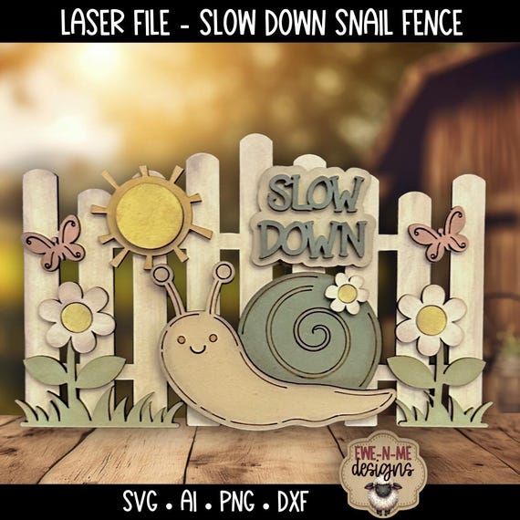 Spring Garden Fence Sign Laser Cut File - Cute Snail with Daisy, Butterfly, Sunshine SVG - Slow Down Layered Wood Decor Pattern