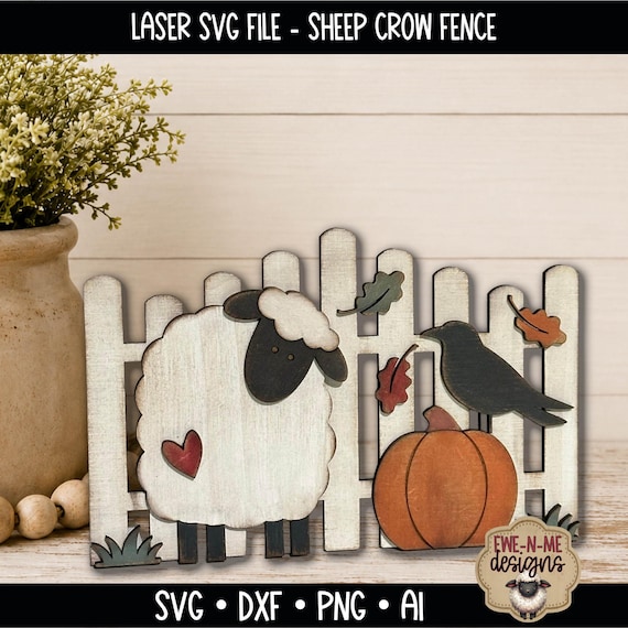 Fall Fence Sign Laser Cut File - Sheep Crow Pumpkin Leaves SVG - Primitive Autumn Layered Wood Decor Pattern