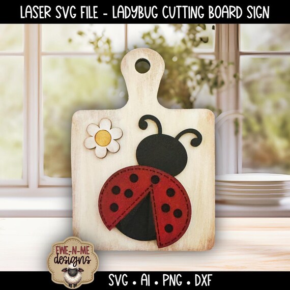 Mini Cutting Board Ladybug Sign SVG - Lady Bug with Daisy Laser Cut File - Shelf Sitter - Layered Wood Craft Pattern - Digital Download
