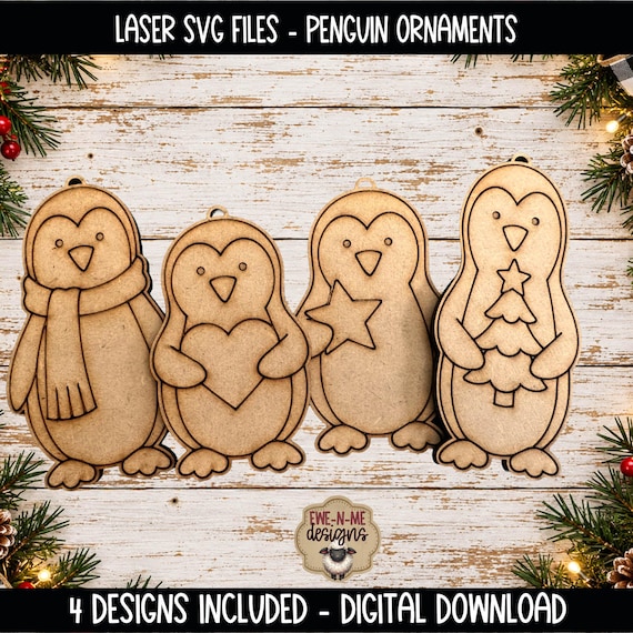 Penguin Ornaments - 4 Laser Ready SVG Files - Christmas Cut and Engrave Designs
