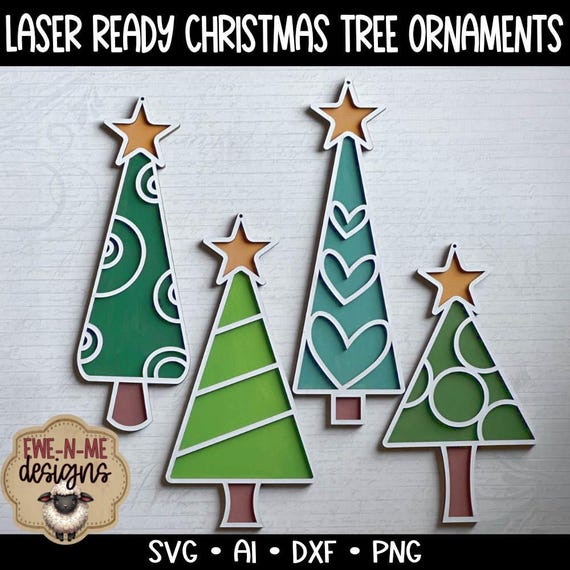 Whimsical Christmas Tree SVG Bundle - 4 Laser Cut Files with Hearts & Swirls - Holiday Lightburn Designs - Laser Ready Digital Download