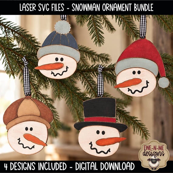 Snowman Ornaments Bundle - Laser Ready SVG File - 4 Primitive Snowman Designs - Christmas Ornament Laser Cutting Files