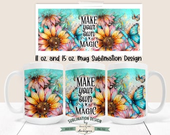 Make Your Own Magic Sunflower Butterfly Mug Design - Sunflowers and Butterfly -  Floral 11 and 15 oz. Mug Sublimation Wrap PNG