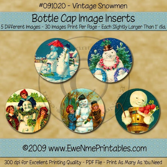 Vintage Snowmen Bottle Cap Image Printables - Old Snowman Images - Victorian Snowman - Primitive Rustic Design -  PDF and/or JPG File