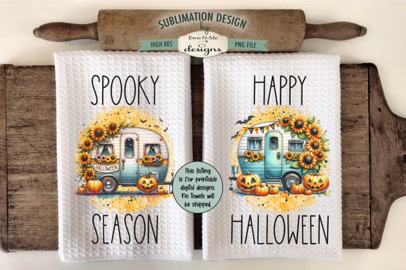 Halloween Camper Designs for Kitchen Towels - Halloween Camping Towel Designs -  Spooky Season Happy Halloween Camper Sublimation PNG