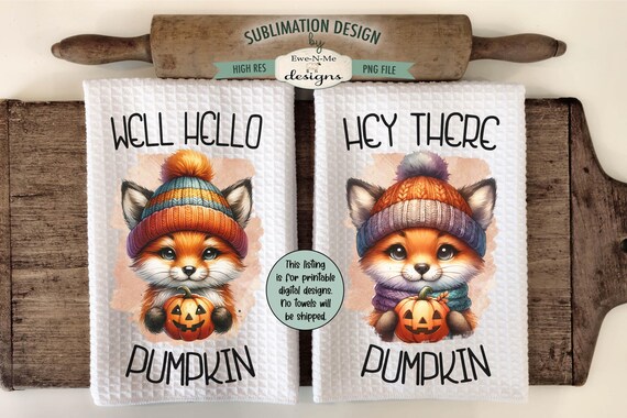 Halloween Fox Kitchen Towel Sublimation Design - Kitchen Towel Fox with Jack O Lantern Sublimation Designs