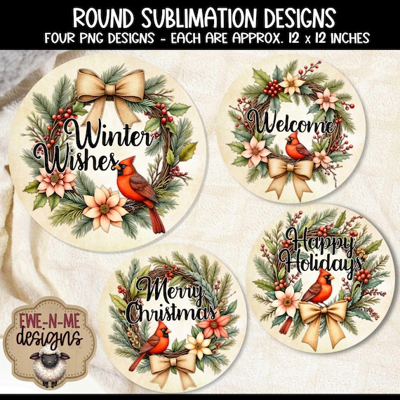 Cardinal Wreath Round Sublimation Designs | 4 Round PNG Files | Digital Download