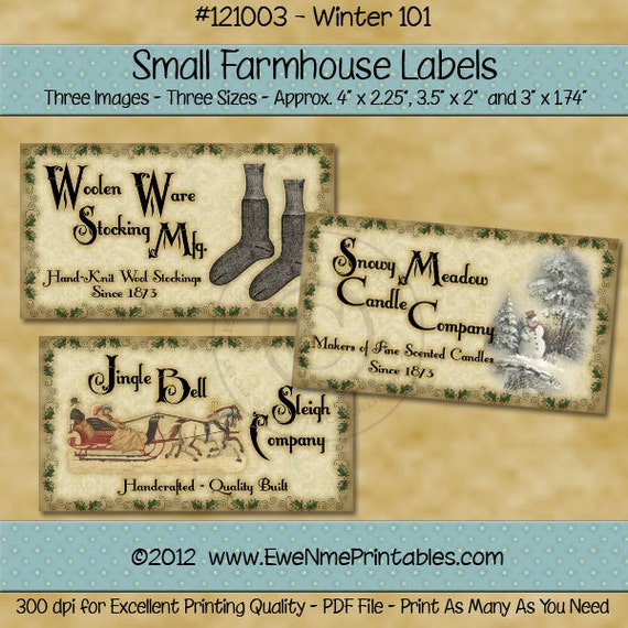 Primitive Winter Farmhouse Label Printables - Snowy Meadow Candle - Woolen Ware Stocking - Sleigh Jingle Bells - Digital PDF File