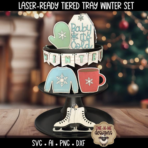 Winter Tiered Tray Laser Cut File Set | Mittens, Sweater, Ice Skates, Cocoa Mug | Farmhouse Laser Decor SVG, dxf, png, ai files Included