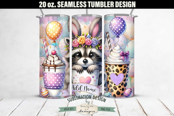 20 oz Easter Raccoon Wearing Bunny Ears Sublimation Tumbler Design | Seamless Design 20 oz Tumbler | Easter Raccoon Coffee Tumbler Design