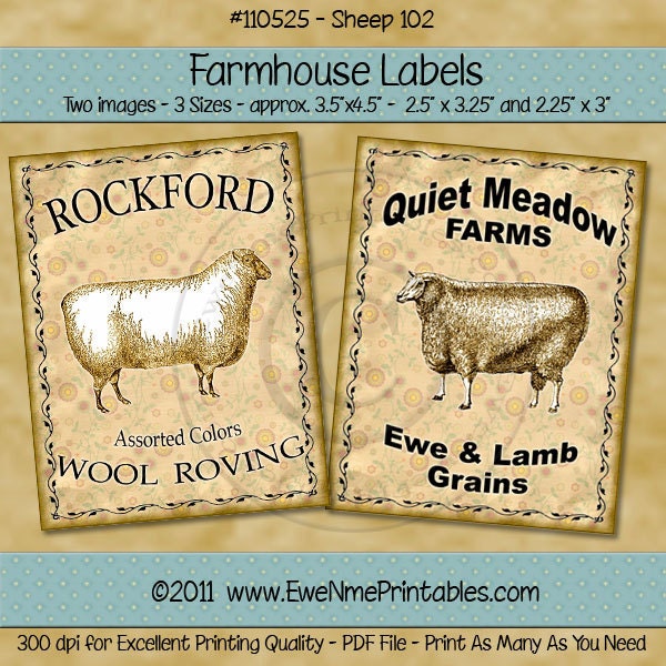 Primitive Sheep Farmhouse Label Printables - Rockford Wool Roving - Quiet Label Ewe Lamb Grains - Sheep 102 - Digital PDF or JPG File